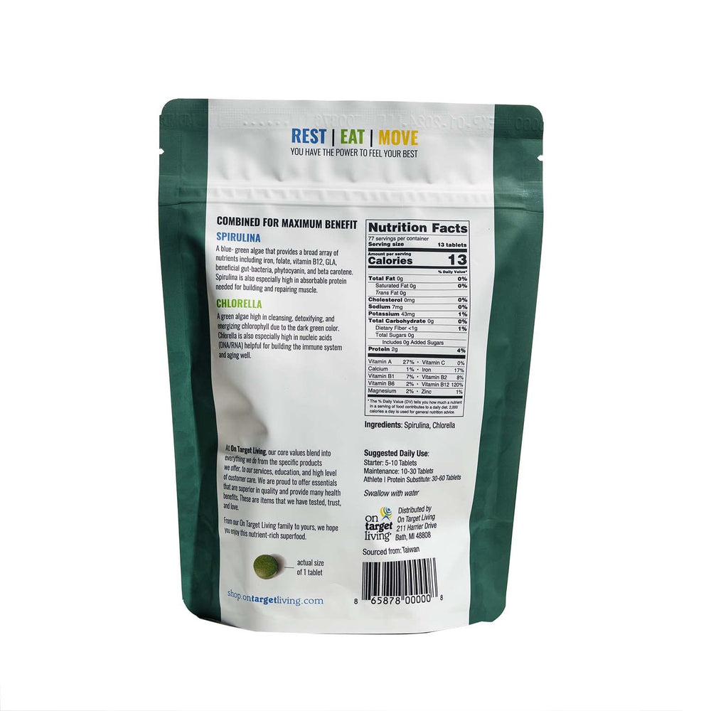 On Target Living spirulina-chlorella tablets with bright green color.