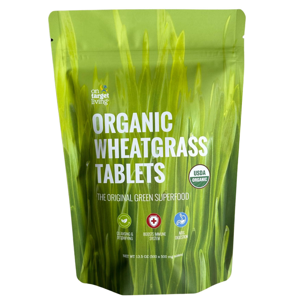 On Target Living Wheatgrass Tablets bottle front view, convenient daily greens.