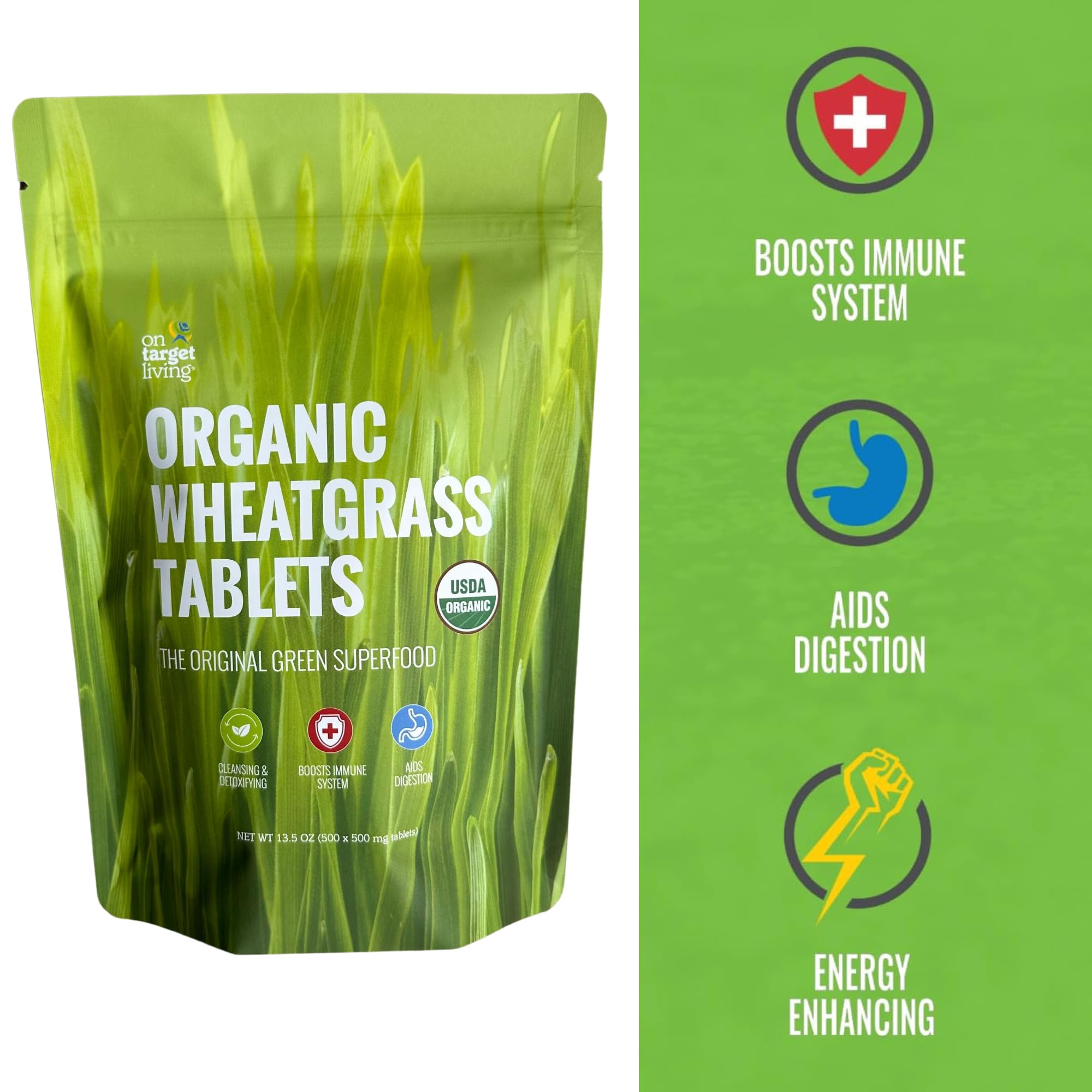 On Target Living Wheatgrass Tablets bottle side view, easy daily intake.