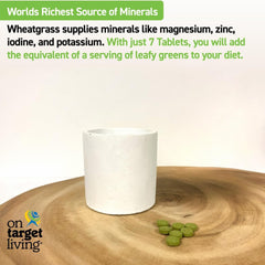 On Target Living Wheatgrass Tablets label details, organic and USDA certified.