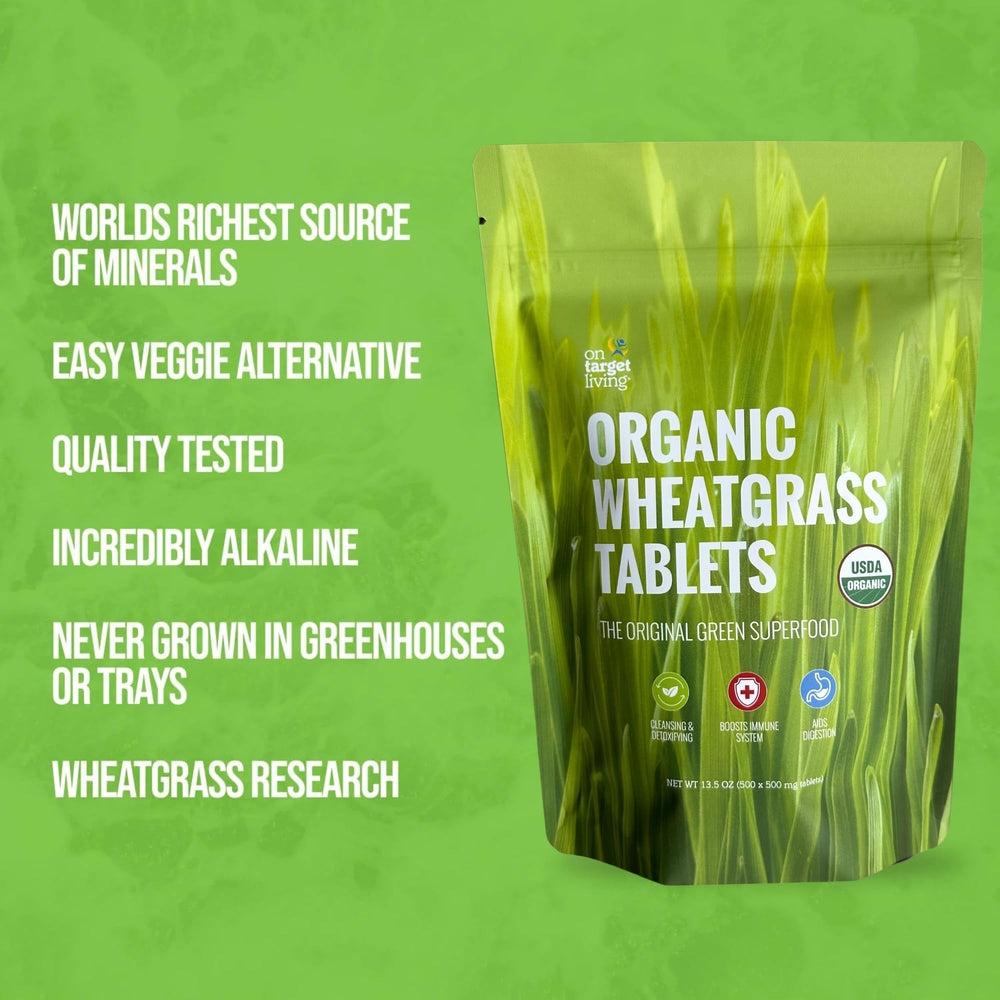 On Target Living Wheatgrass Tablets close-up of tablets, nutrient-dense daily option.