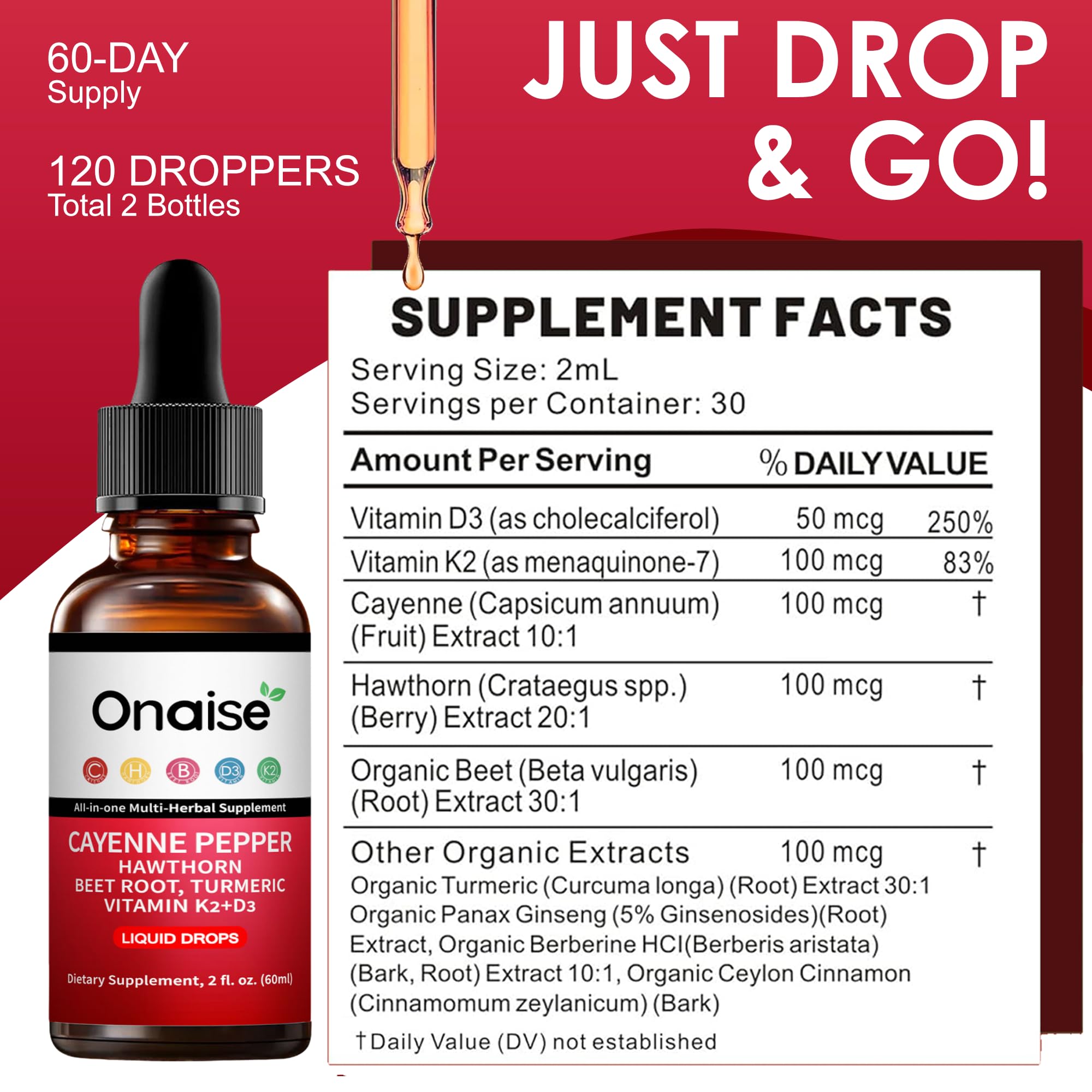 ONAISE Cayenne Pepper Drops close-up shows rich color and natural energy-boosting ingredients.