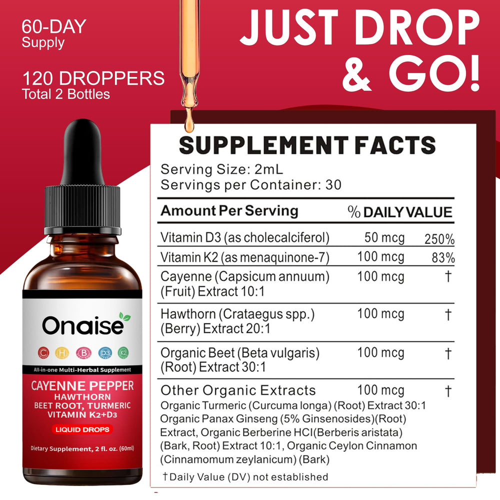 ONAISE Cayenne Pepper Drops close-up shows rich color and natural energy-boosting ingredients.