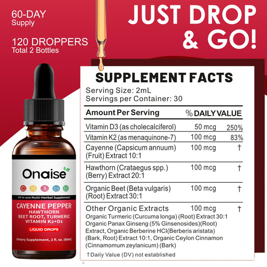 ONAISE Cayenne Pepper Drops close-up shows rich color and natural energy-boosting ingredients.