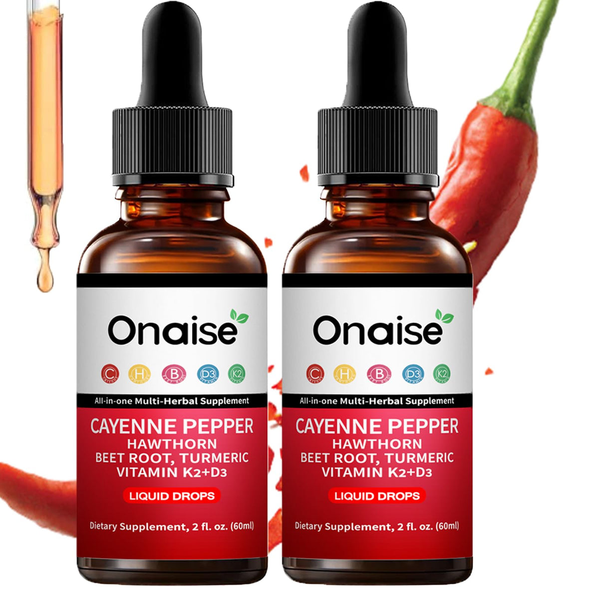 ONAISE Cayenne Pepper Drops bottle being poured to start a warm, energized routine.