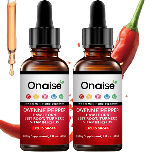 ONAISE Cayenne Pepper Drops bottle being poured to start a warm, energized routine.