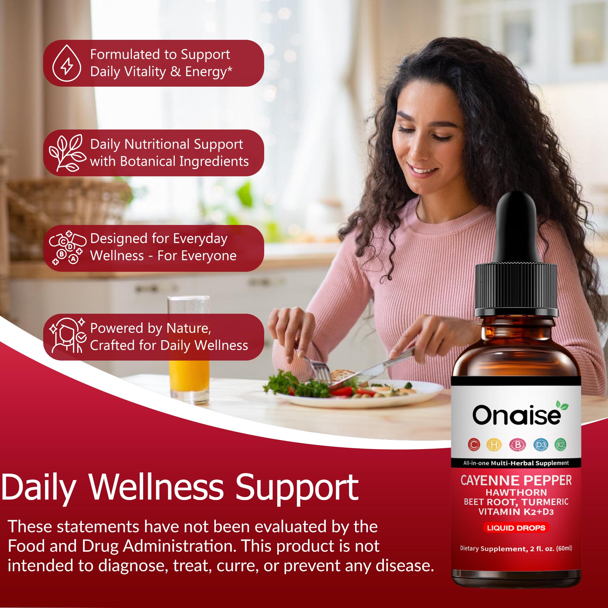 ONAISE Cayenne Pepper Drops dropper dispensing a measured dose for daily routine.