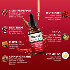 ONAISE Cayenne Pepper Drops ingredients label highlighting D3 K2 and herbal blends.