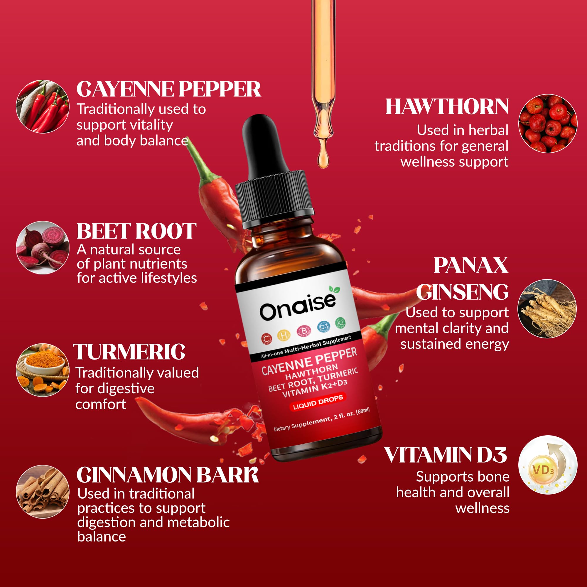 ONAiSE Cayenne Pepper Drops liquid drop dispensing for fast absorption.