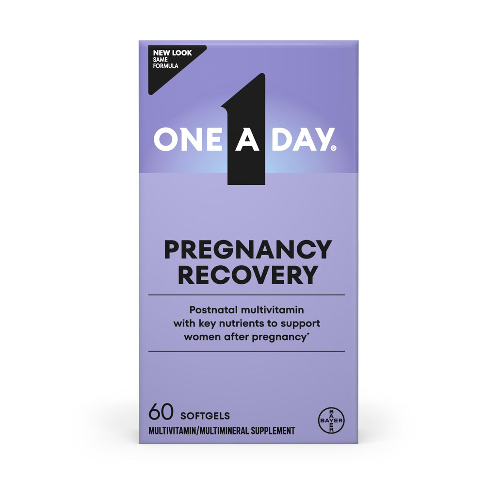 One A Day Postnatal bottle close-up showing easy-to-swallow softgels for new moms.