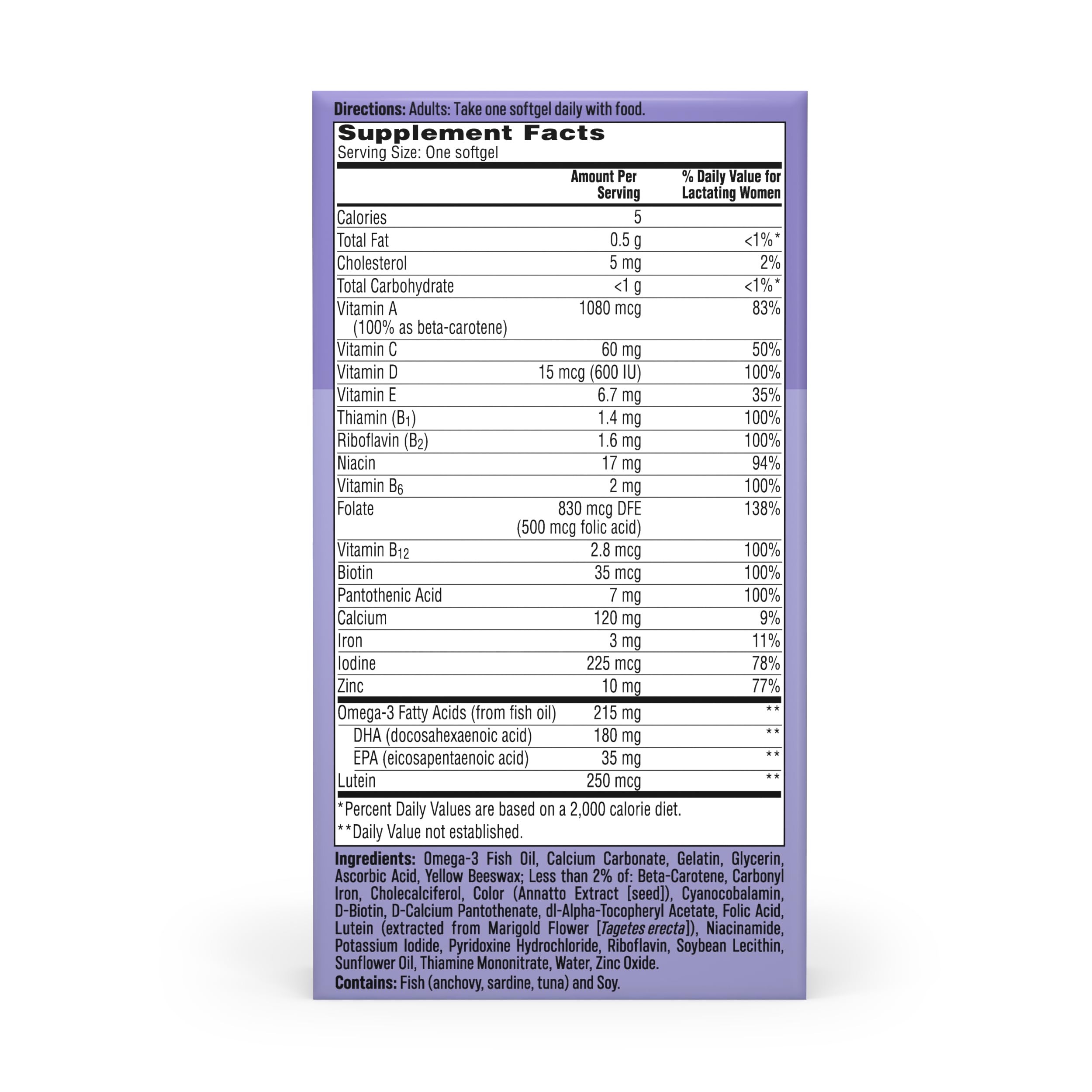 One A Day Postnatal symbols for breastfeeding on packaging signaling mom-focused nutrients.