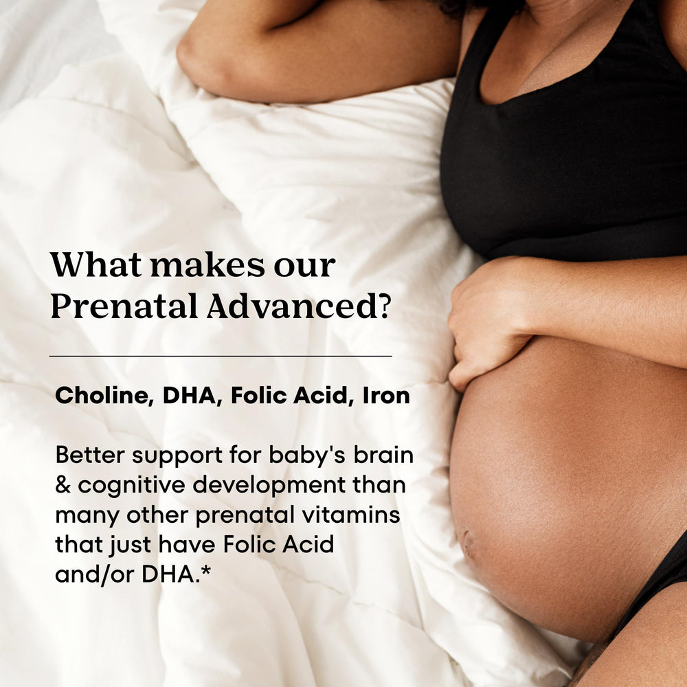 Ingredient chart highlights choline, DHA, folic acid, and iron in One A Day Prenatal Advanced.