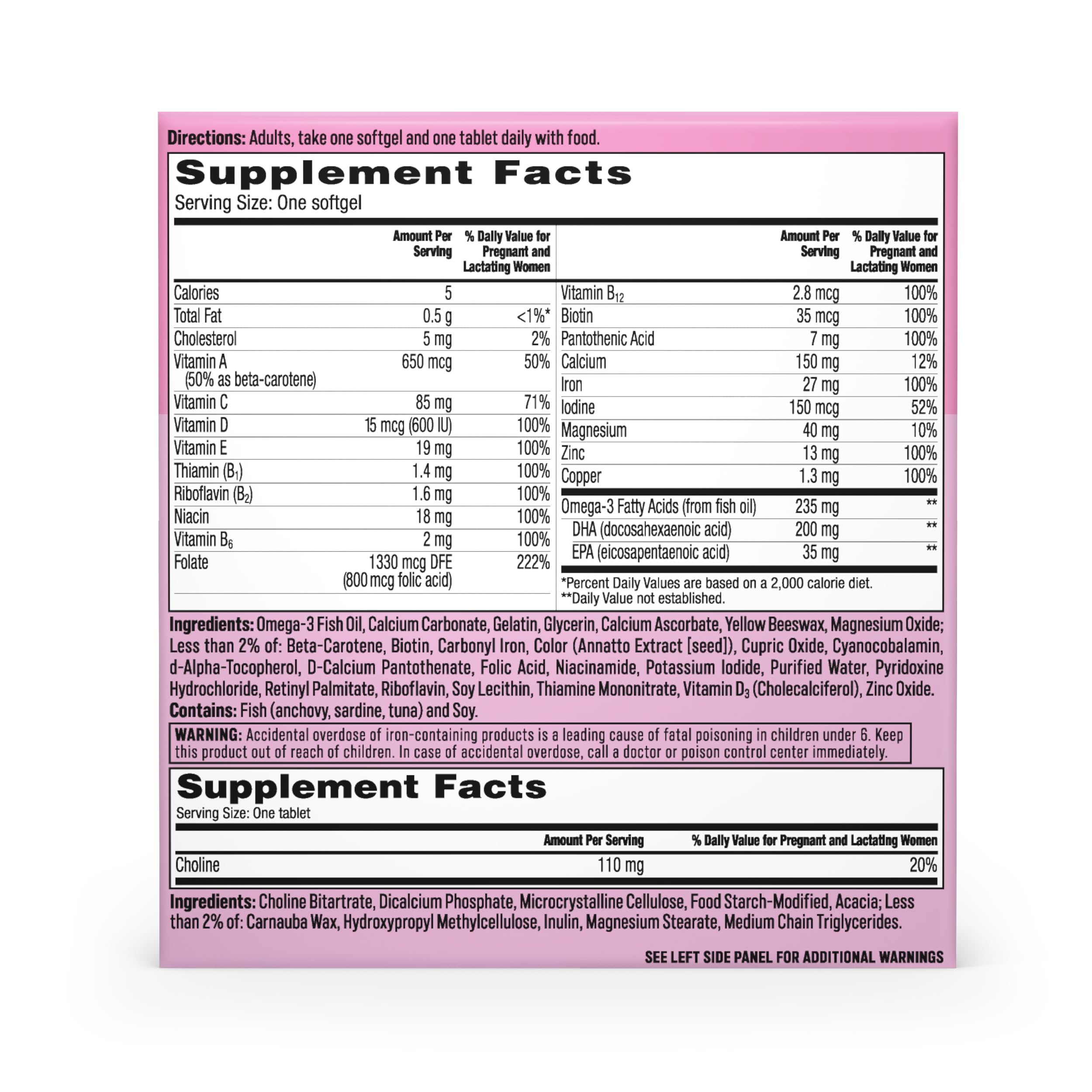 Usage instructions show one softgel and one tablet daily with meals.