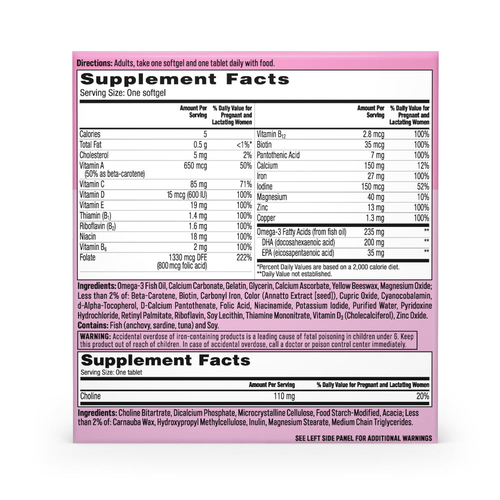 Usage instructions show one softgel and one tablet daily with meals.