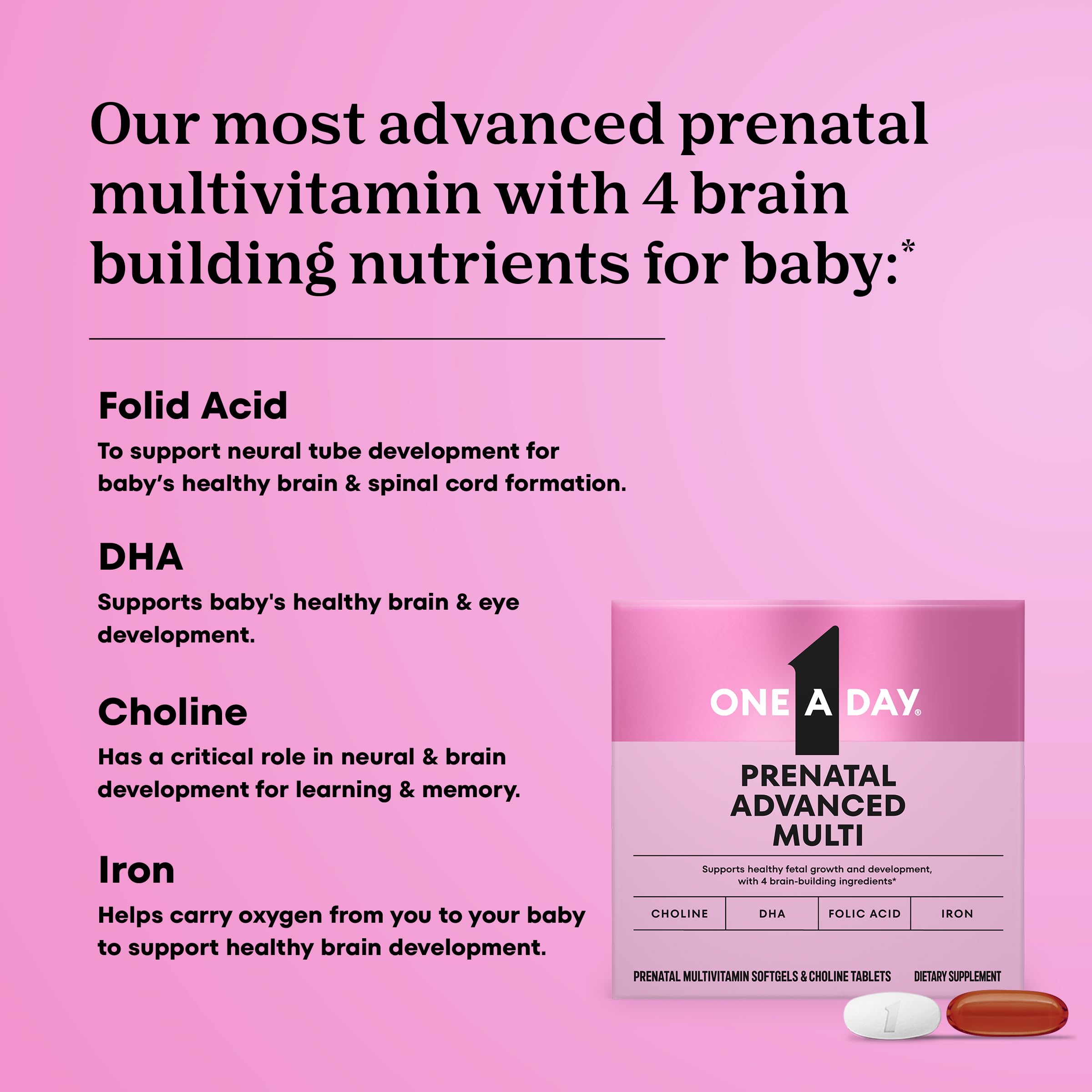 Tablets from One A Day Prenatal Advanced for steady prenatal nutrition.