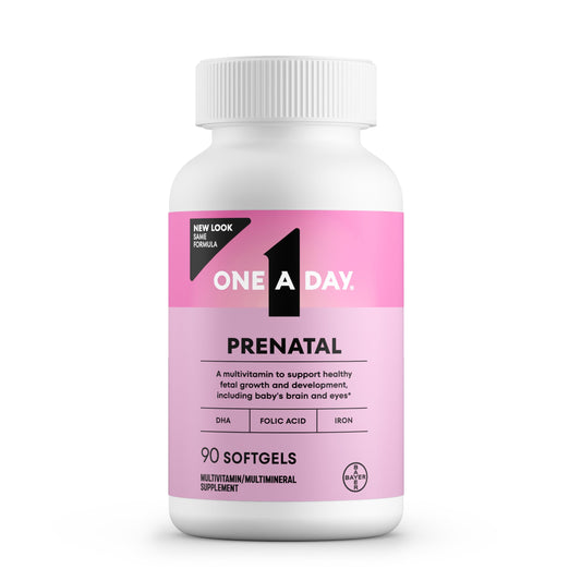 One A Day Prenatal bottle front showing the product packaging and nutrients for mom and baby
