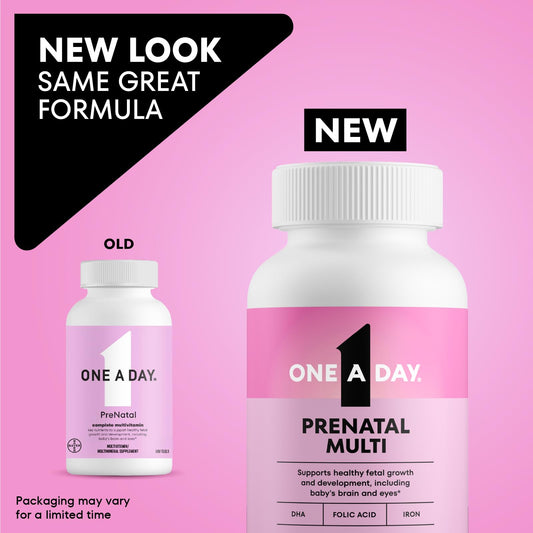 One A Day Prenatal bottle label close-up highlighting iron and folic acid benefits