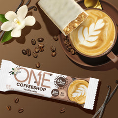 ONE Vanilla Latte bar packaging on shelf signaling gluten-free, high-protein snack