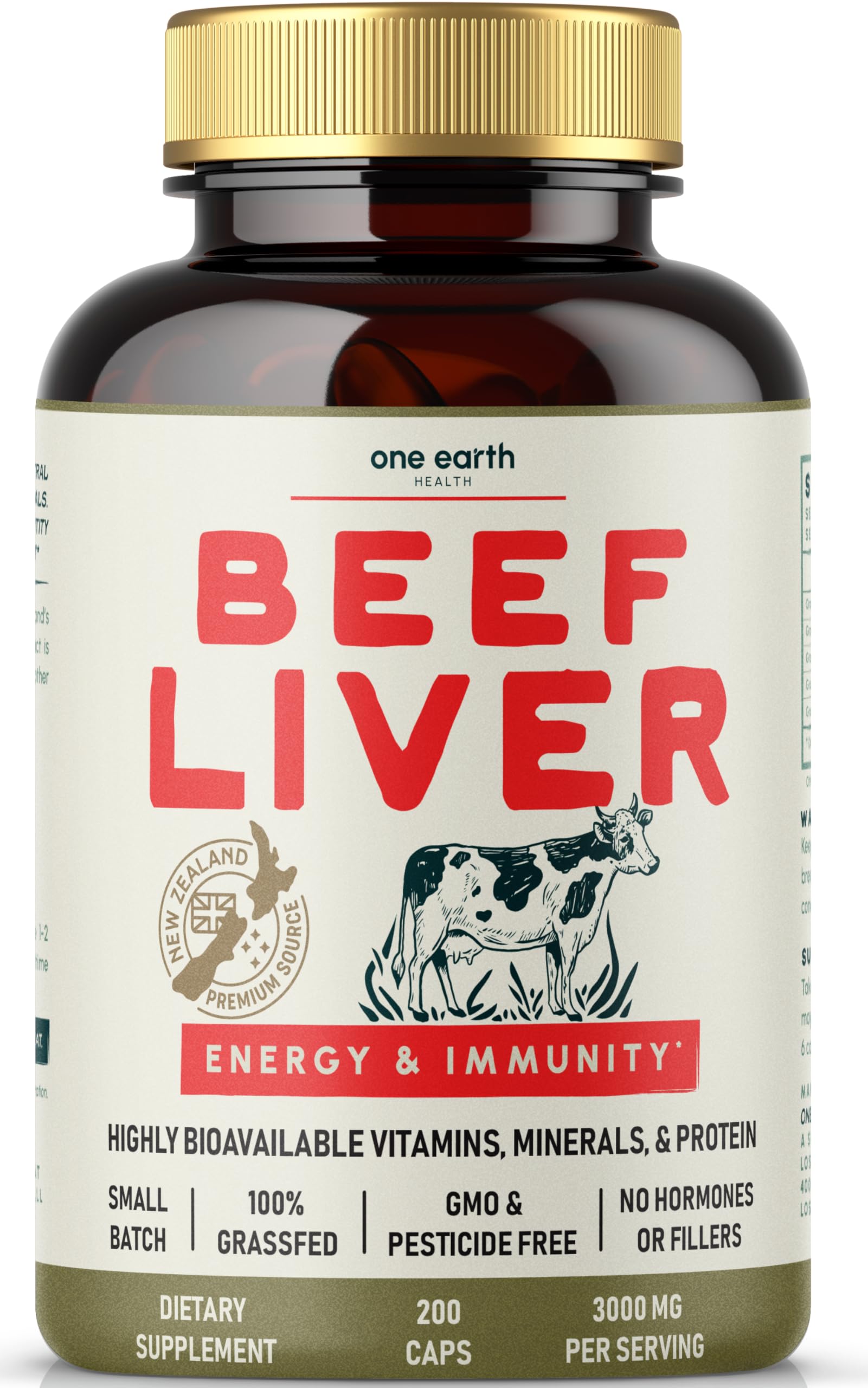 One Earth Health beef liver capsules packaging showing 200 capsules and NZ origin