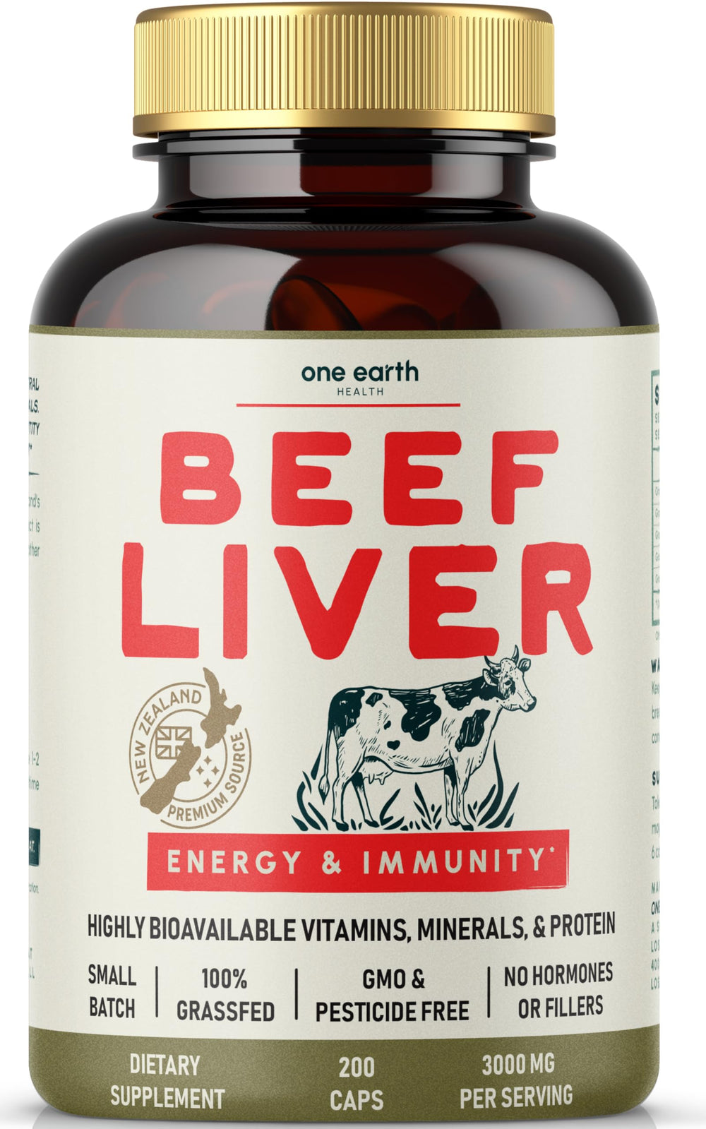 One Earth Health beef liver capsules packaging showing 200 capsules and NZ origin