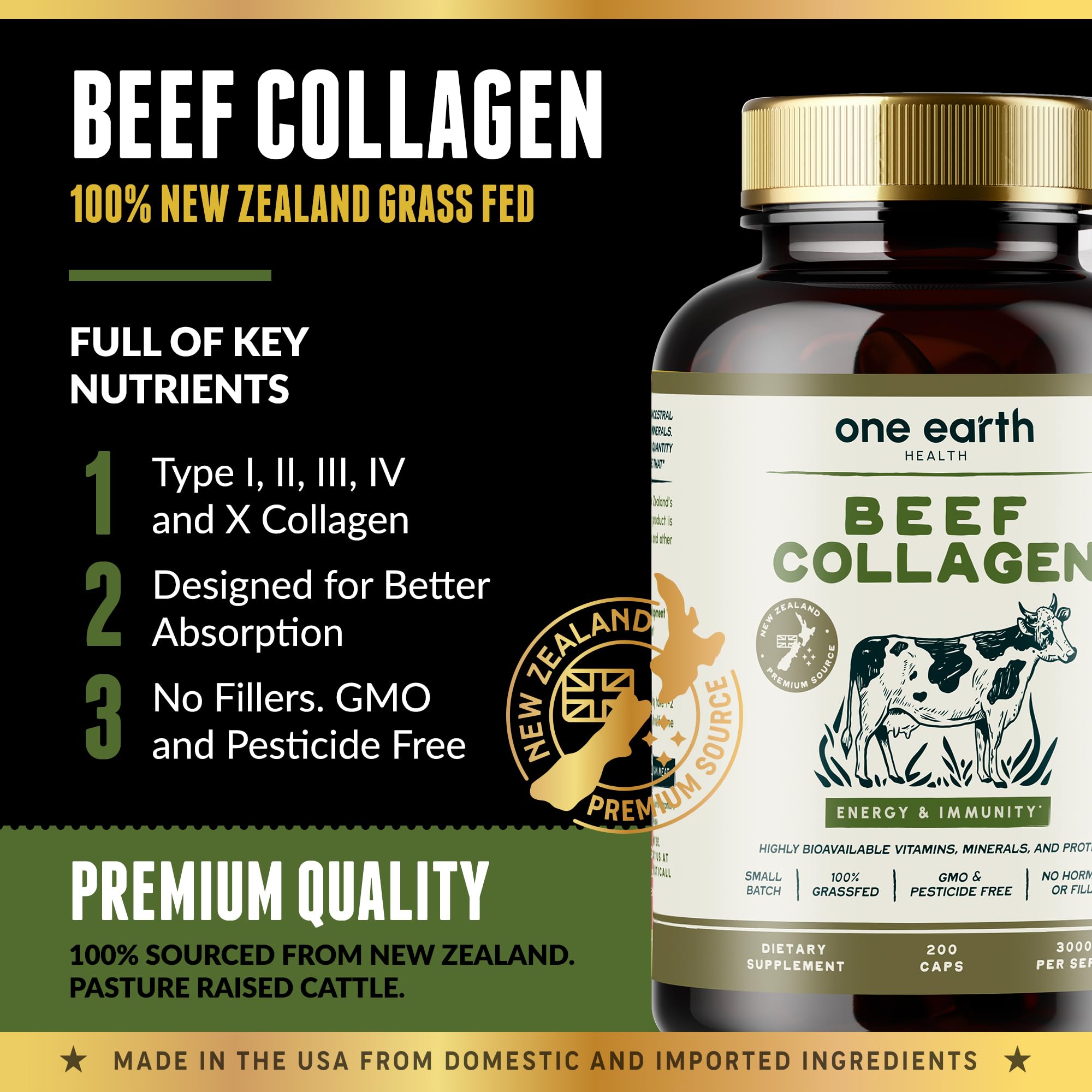 One Earth Health Grass Fed Beef Collagen label highlights ingredients and sourcing