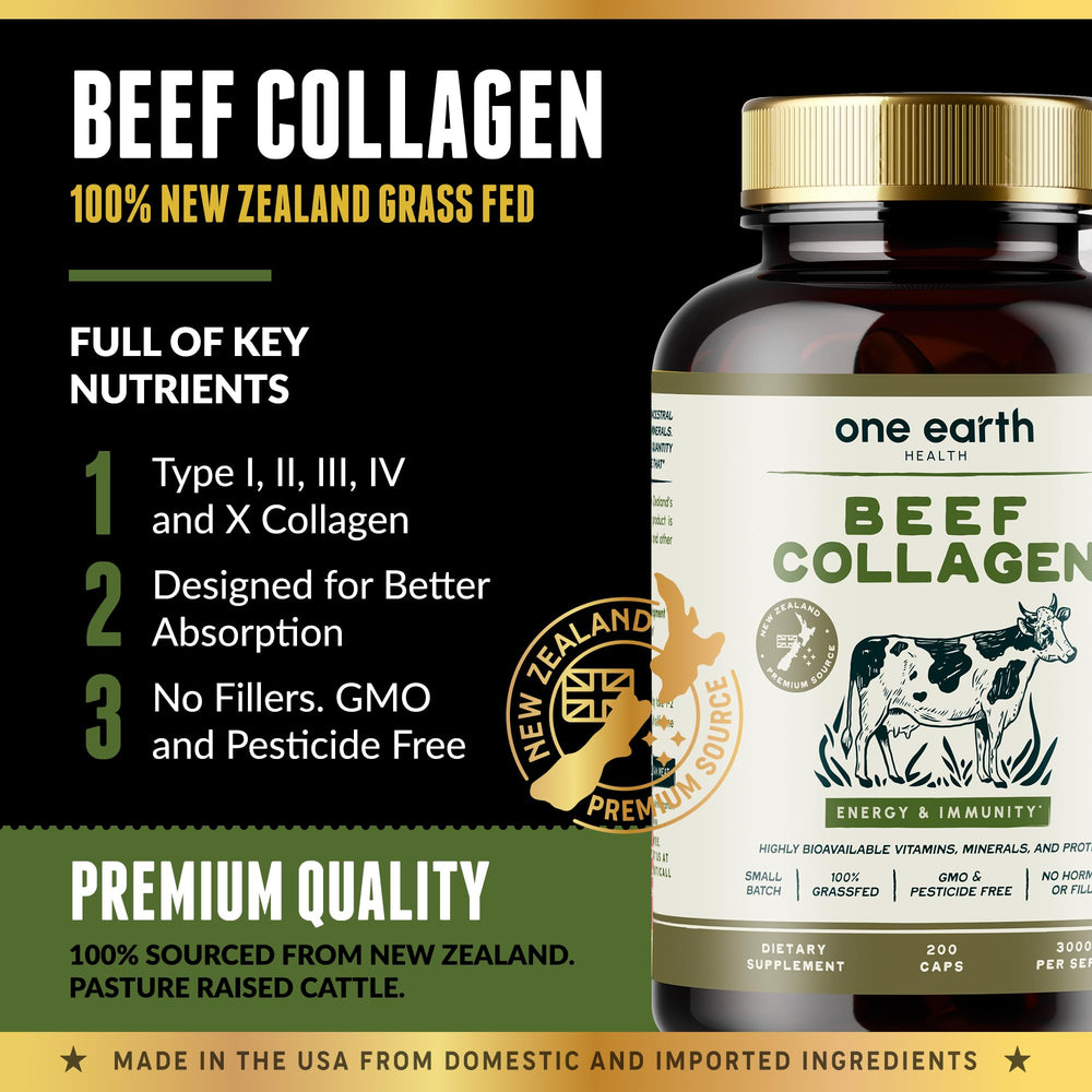 One Earth Health Grass Fed Beef Collagen label highlights ingredients and sourcing