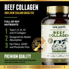 One Earth Health Grass Fed Beef Collagen label highlights ingredients and sourcing