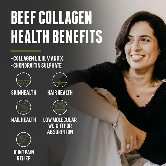 One Earth Health Grass Fed Beef Collagen powder with scoop showing convenient serving size