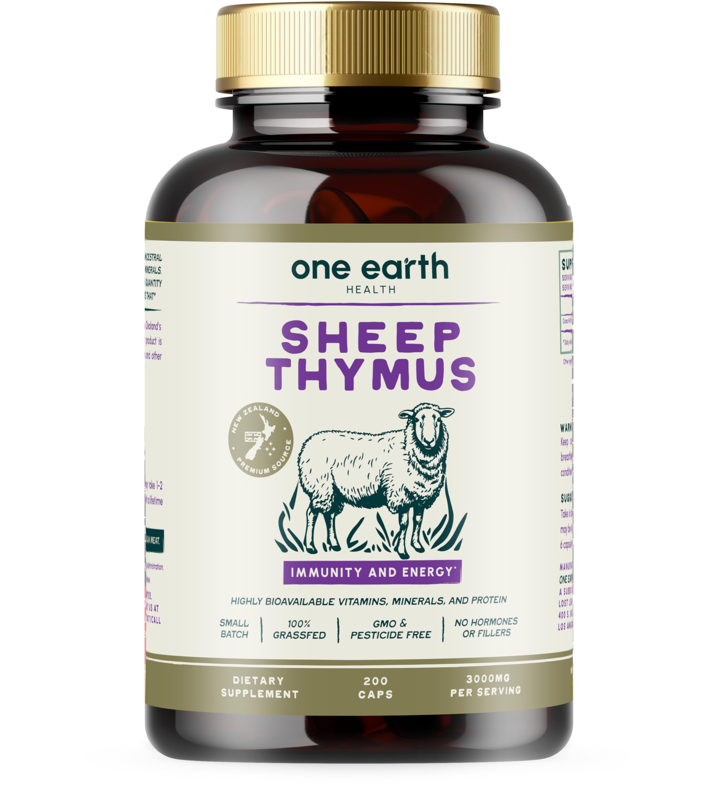 One Earth Health Grass-Fed Thymus capsules, NZ-sourced, ready for daily immune support.