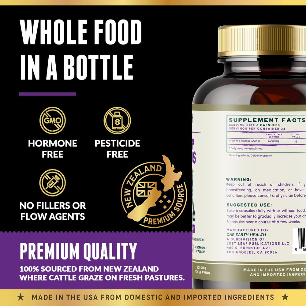 One Earth Health thymus label and packaging emphasizing pure thymus formula.