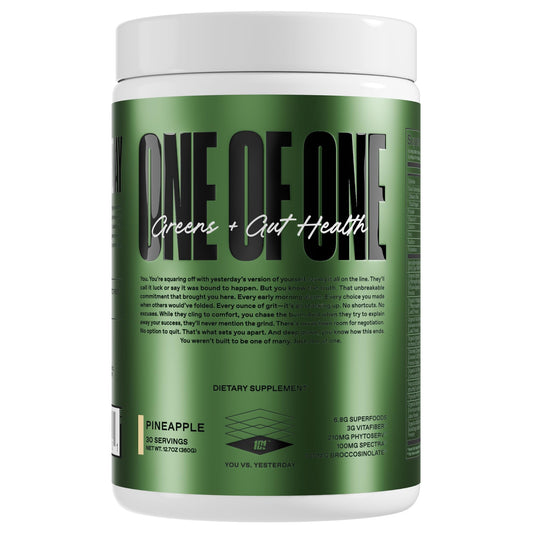 ONE OF ONE Greens & Gut Health pineapple powder bottle ready to energize your day