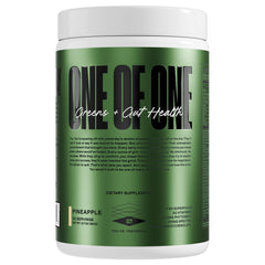ONE OF ONE Greens & Gut Health pineapple powder bottle ready to energize your day