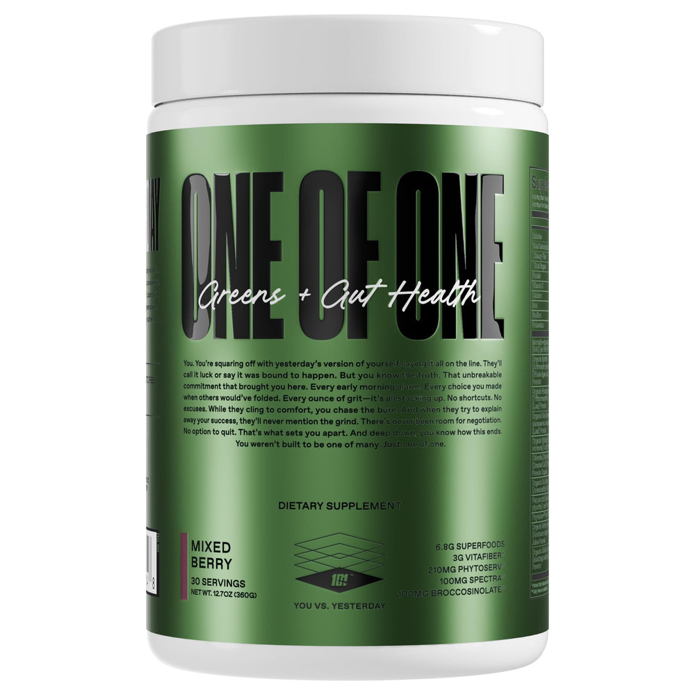 ONE OF ONE greens and gut health powder tub—daily wellness boost.