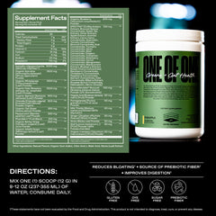ONE OF ONE Greens label notes USA-made and cgmp facilities