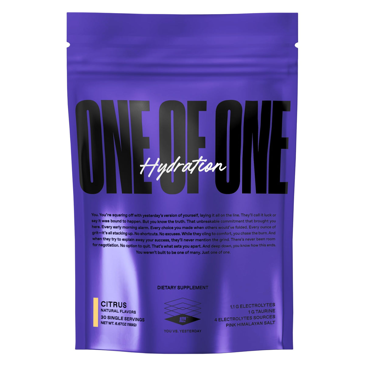 ONE OF ONE Hydration Electrolyte Powder tub front shows citrus flavor and zero sugar benefits.