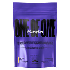 ONE OF ONE Hydration Electrolyte Powder tub front shows citrus flavor and zero sugar benefits.