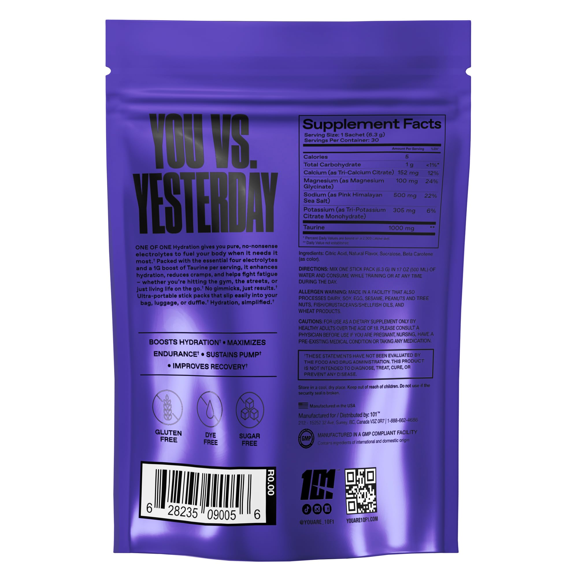 ONE OF ONE Hydration Electrolyte Powder tub label highlights citrus flavor benefits.