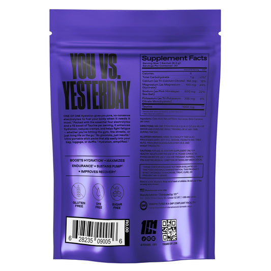 ONE OF ONE Hydration Electrolyte Powder tub label highlights citrus flavor benefits.