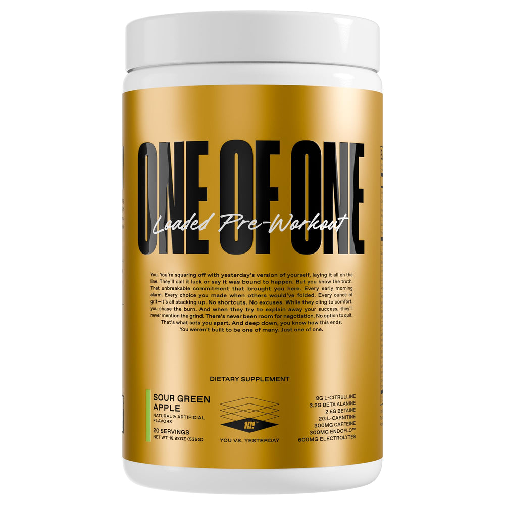 ONE OF ONE Loaded Pre-Workout bottle front shows bold packaging for on-the-go energy.