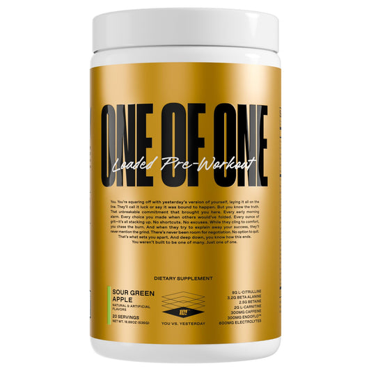 ONE OF ONE Loaded Pre-Workout bottle front shows bold packaging for on-the-go energy.