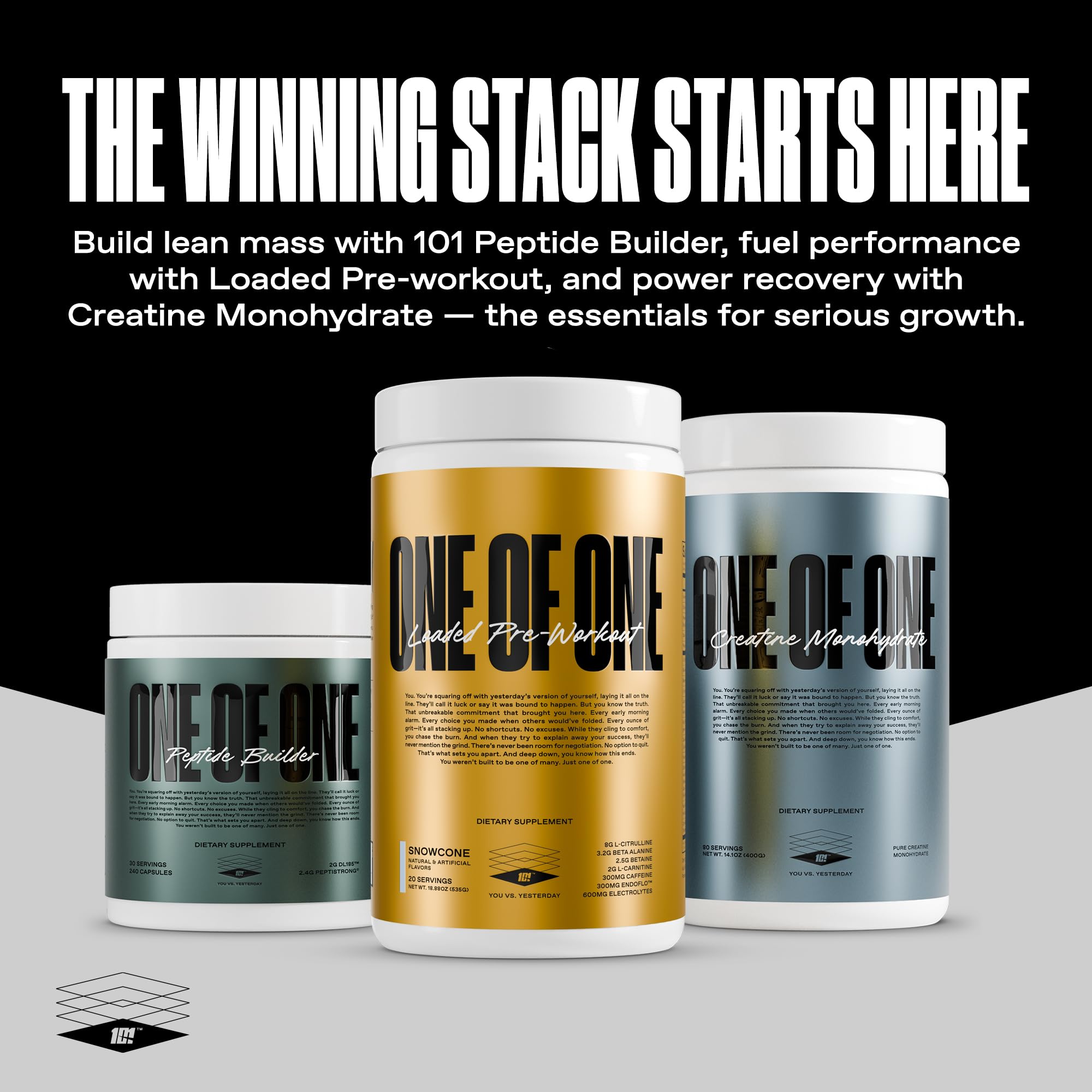 ONE OF ONE Loaded Pre-Workout ingredient panel highlights EndoFlo and Alpha GPC.
