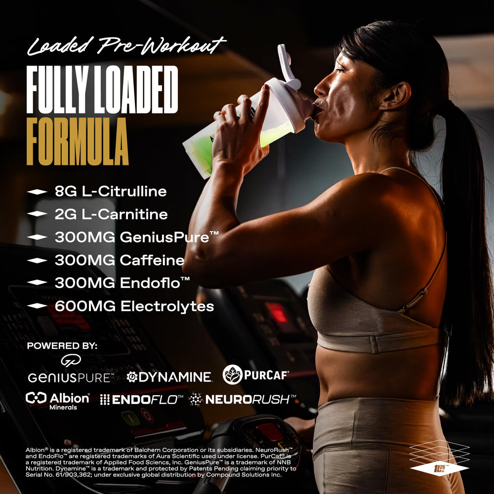 ONE OF ONE Loaded Pre-Workout ingredients-badge highlights EndoFlo, Genius Pure Alpha GPC for focus.