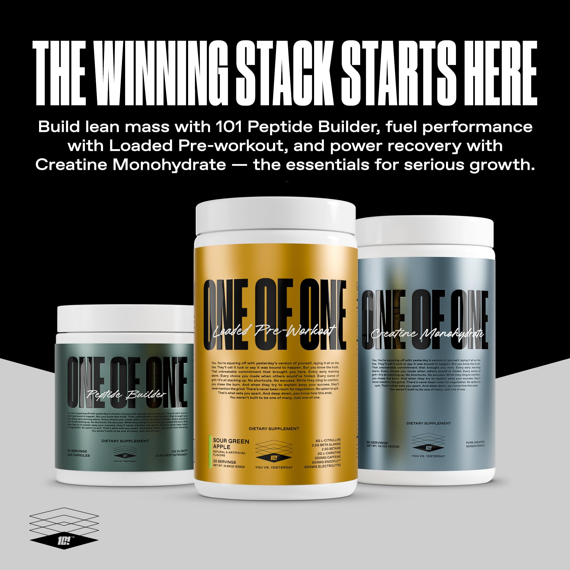 ONE OF ONE Loaded Pre-Workout packaging-closeup signals premium manufacturing and gluten-free promise.