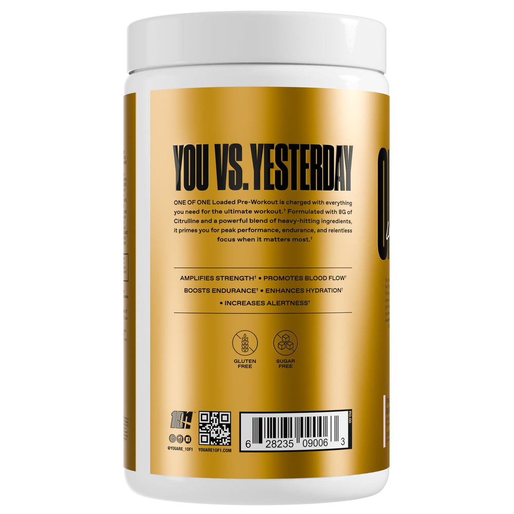ONE OF ONE Loaded Pre-Workout Pink Burst label closeup highlighting ingredients for focus.