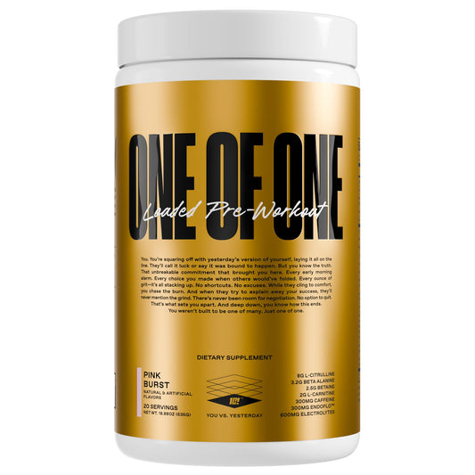 ONE OF ONE Loaded Pre-Workout Pink Burst tub boosts energy before workouts.