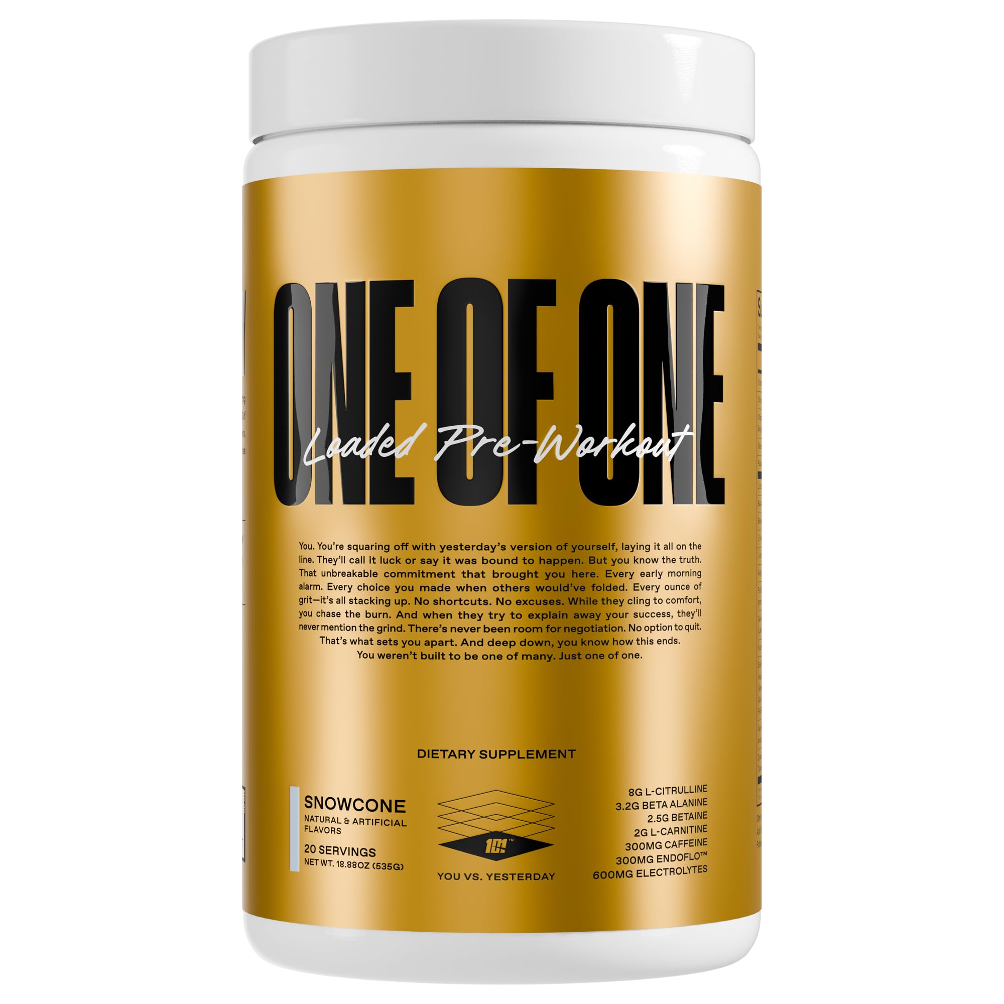 ONE OF ONE Loaded Pre-Workout Snow Cone can close-up highlighting energizing formula for workouts.