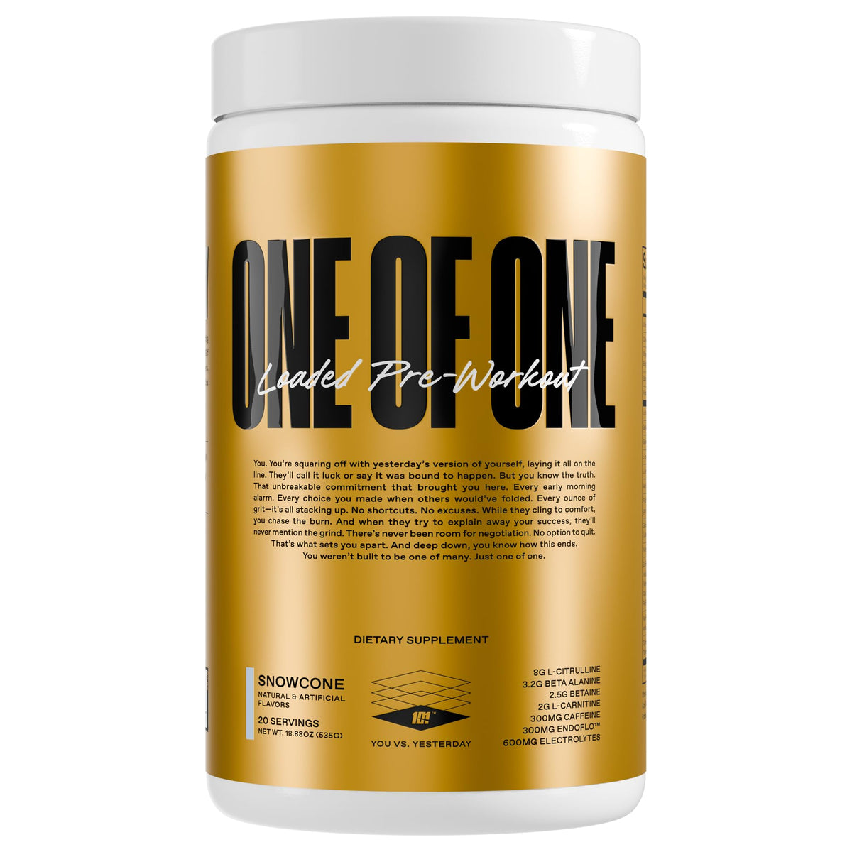 ONE OF ONE Loaded Pre-Workout Snow Cone can close-up highlighting energizing formula for workouts.