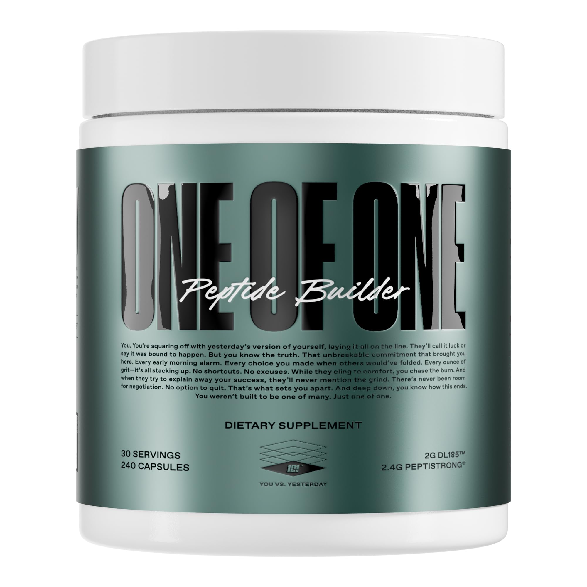 ONE OF ONE Peptide Builder bottle front showing muscle-building support for workouts