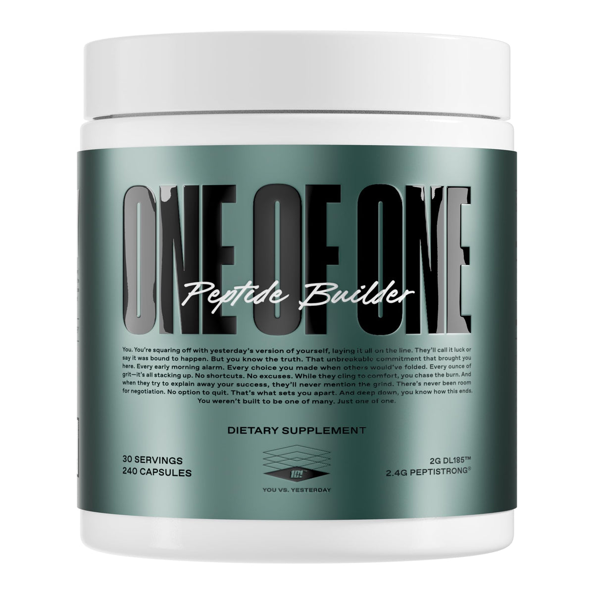 ONE OF ONE Peptide Builder bottle front showing muscle-building support for workouts
