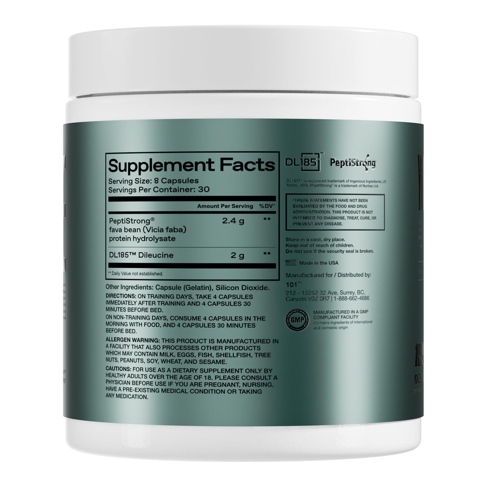 Closeup of label emphasizes science-backed ingredients for recovery potential